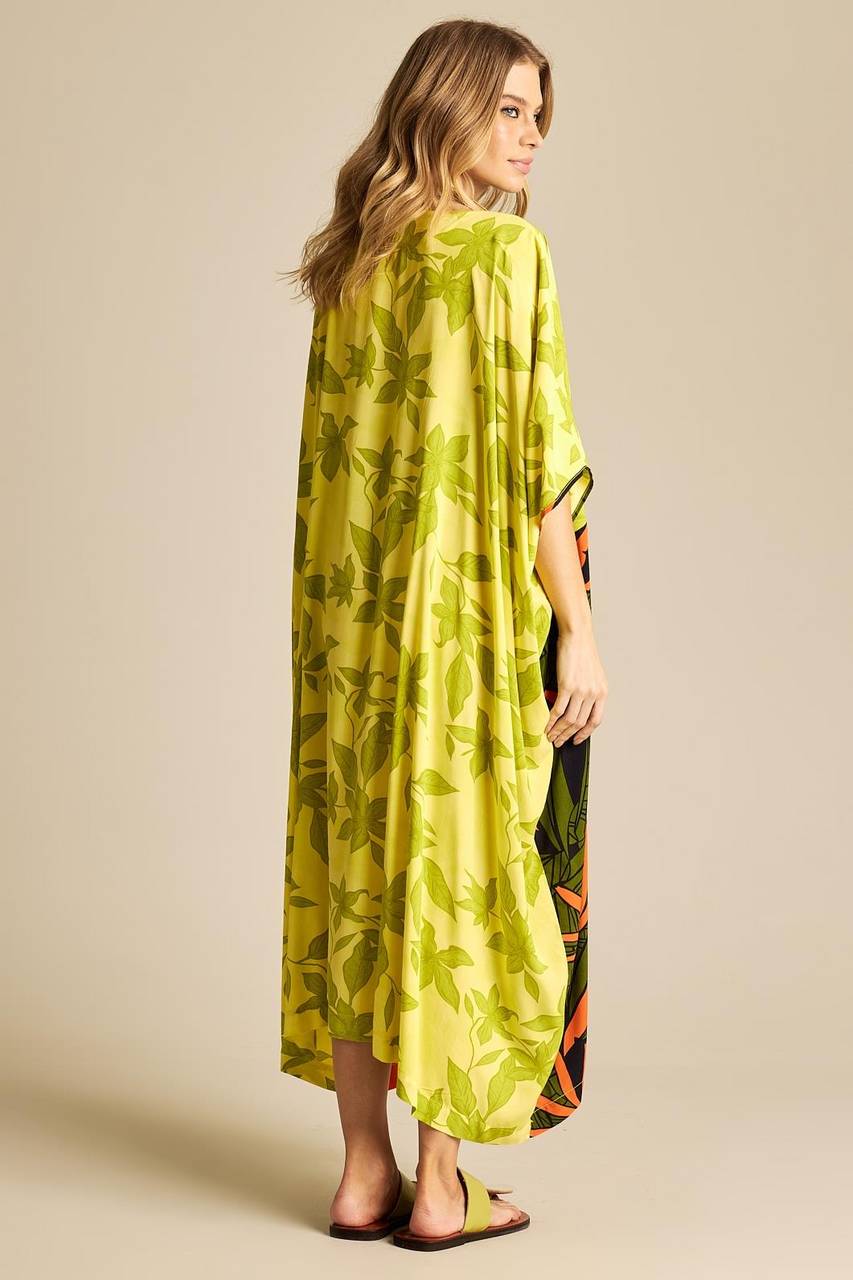 Kaftan Amplo Com Decote Em V Verde Patchwork Yacamim K4