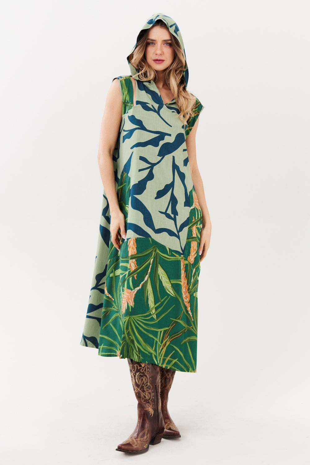 Vestido Midi Com Capuz Verde Estampado Yacamim E1<br />