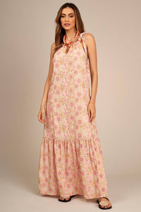 Vestido Longo Broderie Bege Com Bordados Rosa Yacamim C20