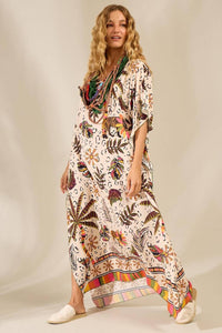 Kaftan Amplo Com Mangas 3/4 Bege Estampado Yacamim