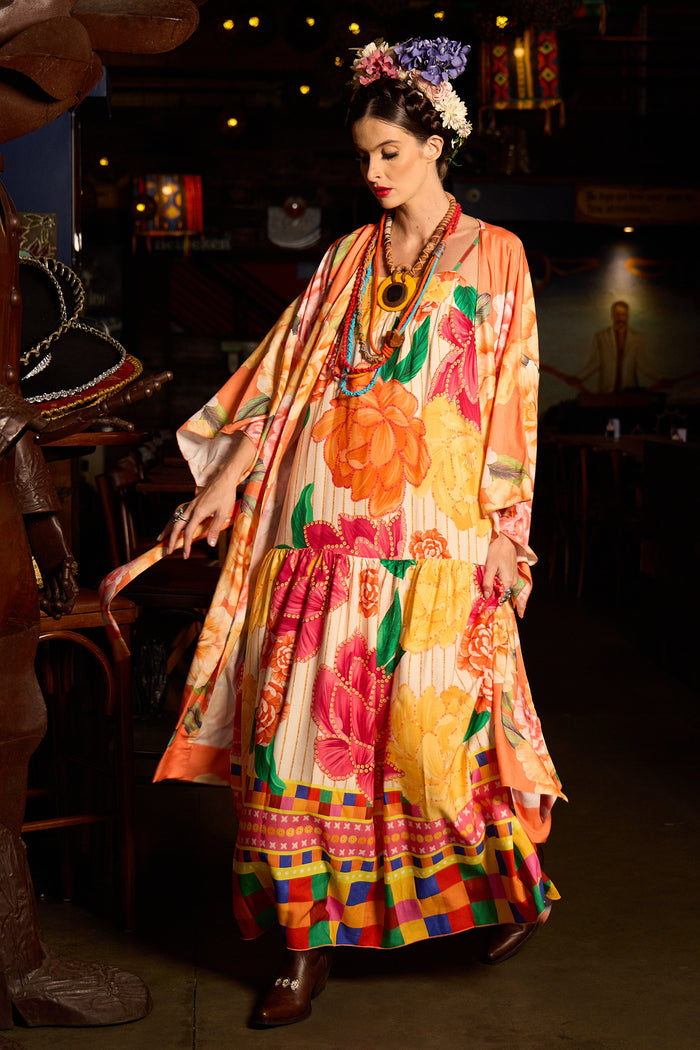 Kimono Longo Com Faixa Laranja Estampado Yacamim J5