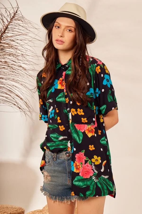 Camisa Ampla Com Mangas 3/4 Preta Floral Yacamim A9