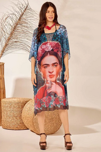 Kaftan De Tule Transparente Curto Azul Frida Kahlo Yacamim D6