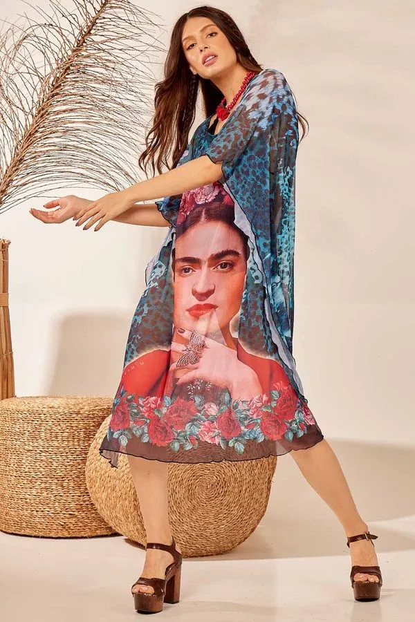 Kaftan De Tule Transparente Curto Azul Frida Kahlo Yacamim D6