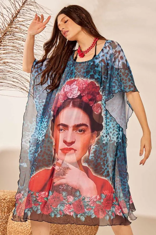 Kaftan De Tule Transparente Curto Azul Frida Kahlo Yacamim D6