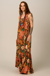 Vestido Longo De Alças Reguláveis Marrom Floral Yacamim E26