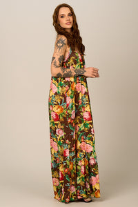 Vestido Longo De Alças Reguláveis Marrom Floral Yacamim C16