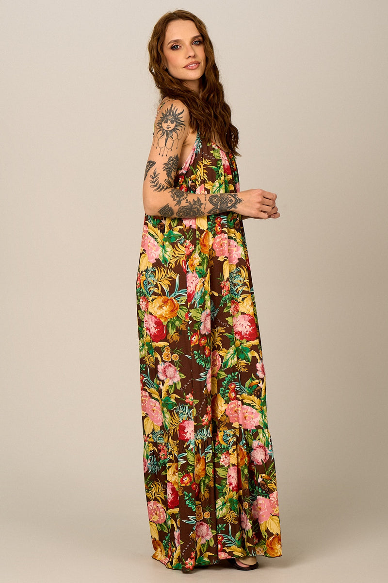 Vestido Longo De Alças Reguláveis Marrom Floral Yacamim C16