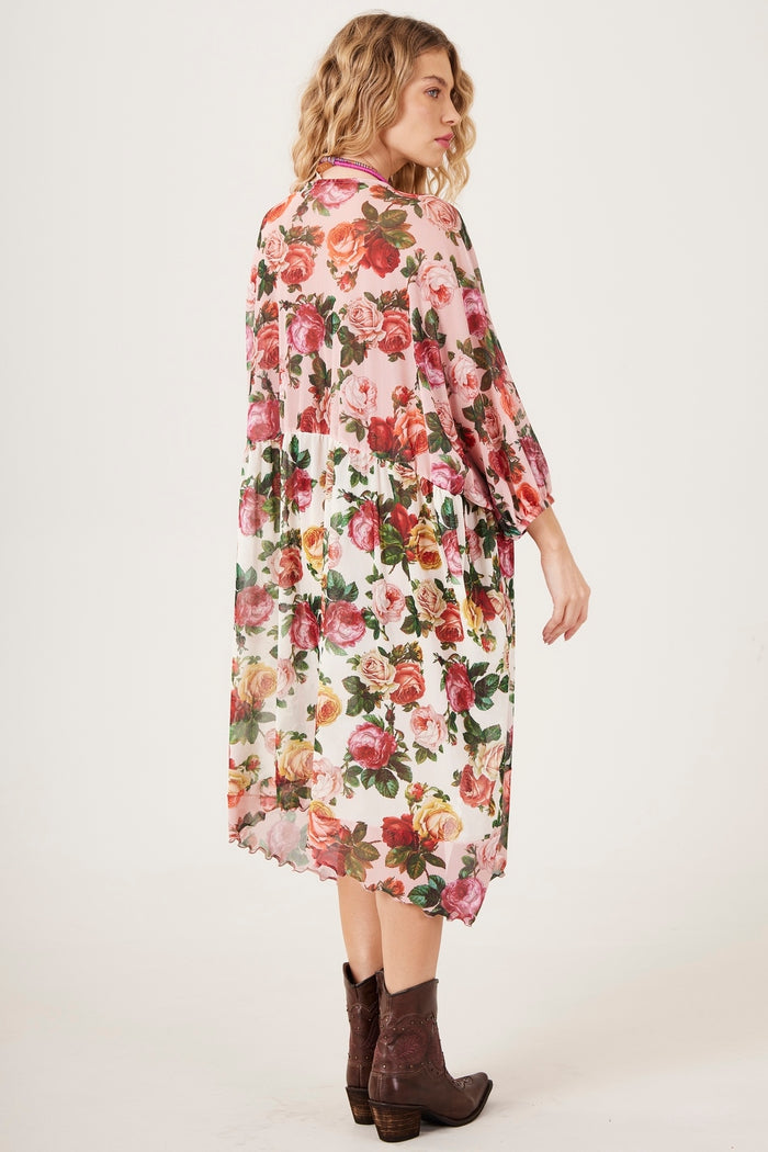 Vestido Curto De Tule Manga 3/8 Rosa Patchwork Yacamim E5