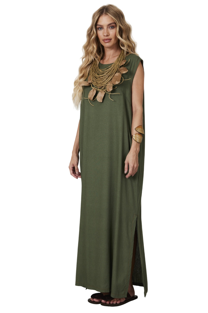 Vestido Regata Linho Midi Verde Escuro Yacamim C4/5