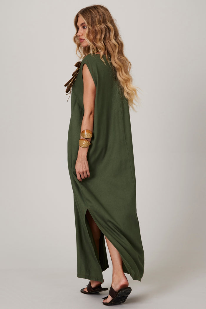 Vestido Regata Linho Midi Verde Escuro Yacamim C4/5