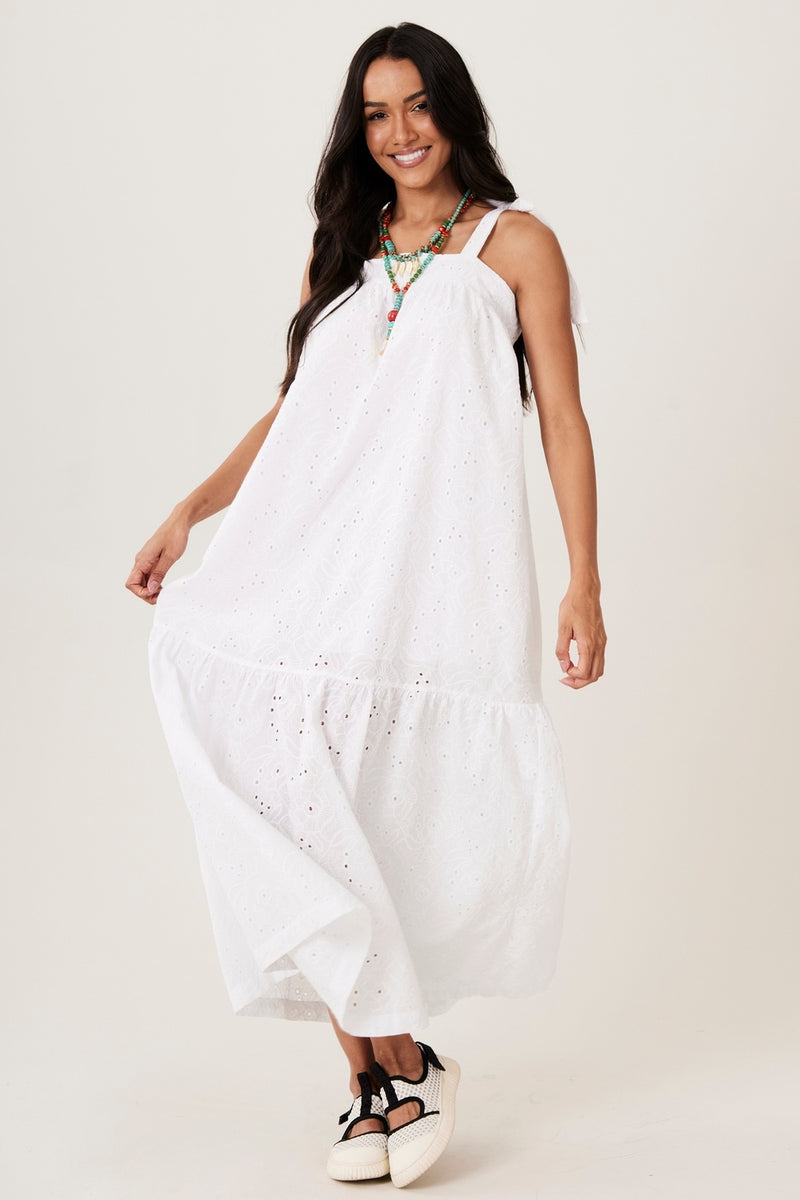 Vestido Longo De Alças Broderie Branco Yacamim D28