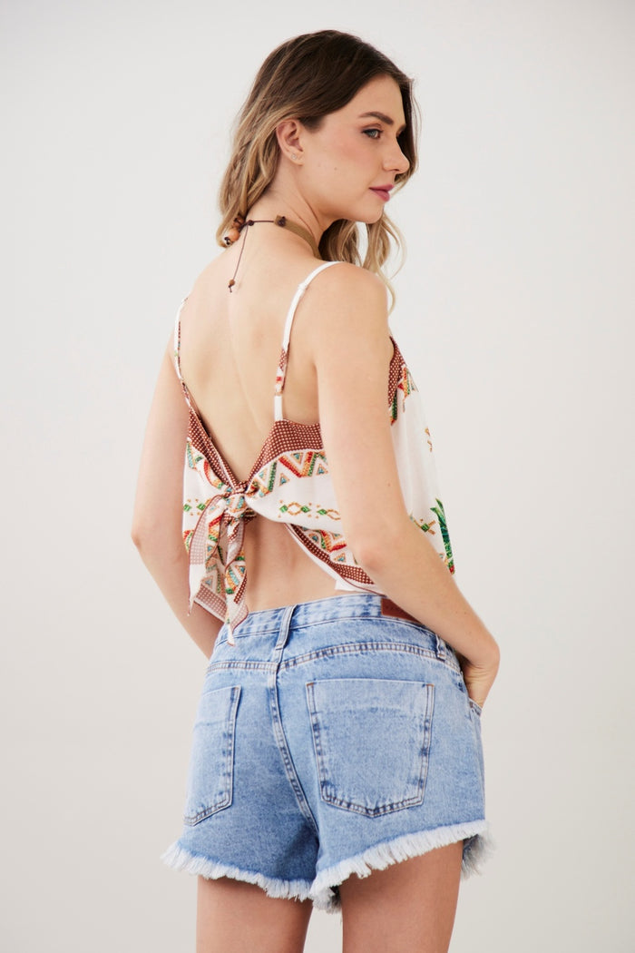 Cropped Lenço Bege Estampa Exclusiva Yacamim F2