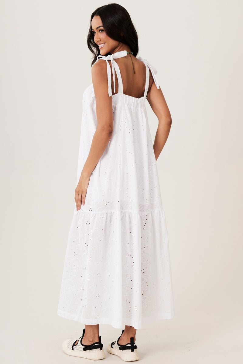 Vestido Longo De Alças Broderie Branco Yacamim D28