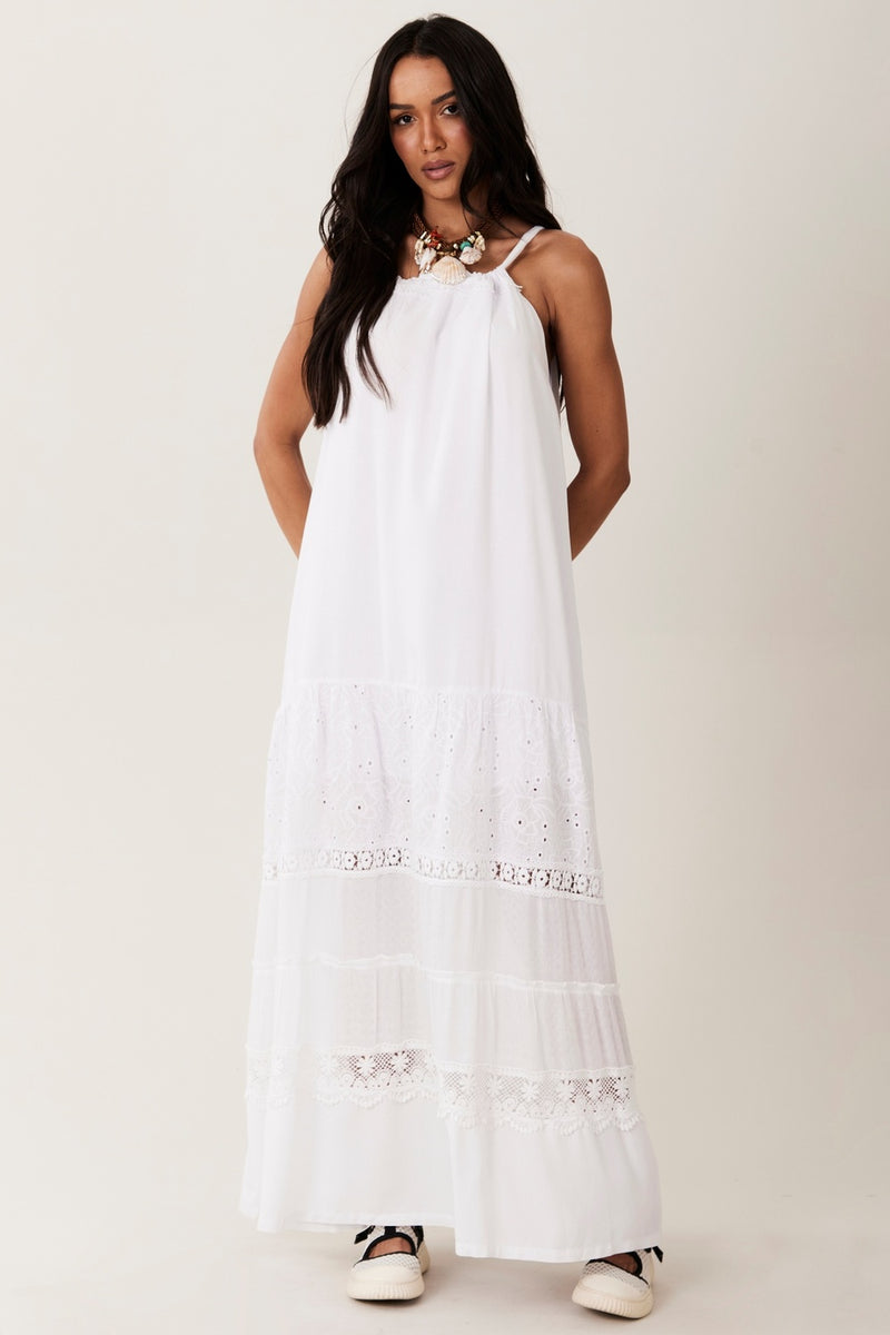 Vestido Longo De Alças Com Rendas Branco Yacamim E10