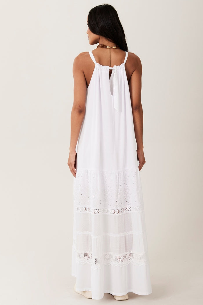 Vestido Longo De Alças Com Rendas Branco Yacamim E10
