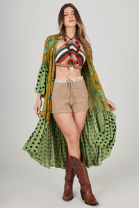 Kimono Longo Com Manga Flare Verde Poá Patchwork Yacamim J9