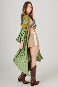 Kimono Longo Com Manga Flare Verde Poá Patchwork Yacamim J9