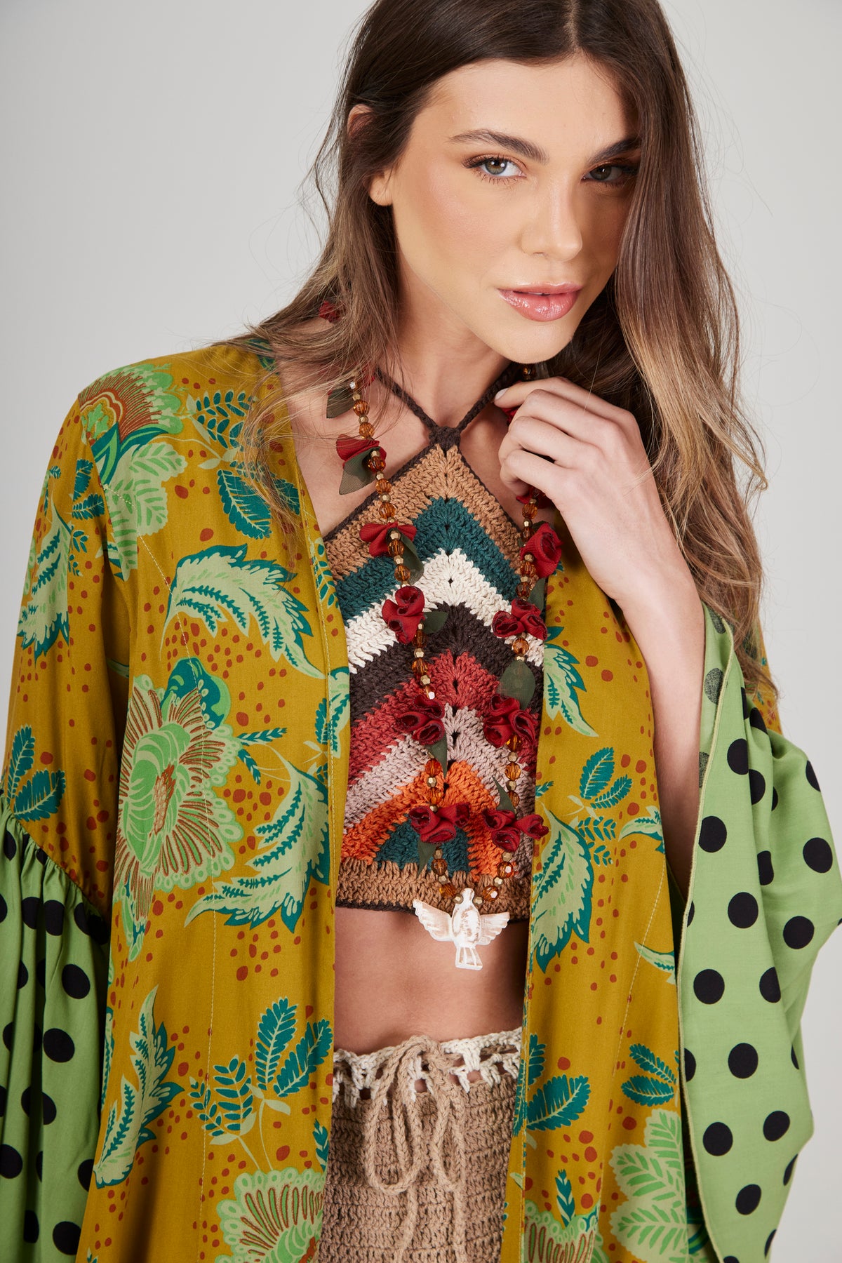 Kimono Longo Com Manga Flare Verde Poá Patchwork Yacamim J9
