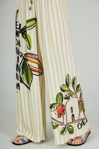 Calça Pantalona Verde Listrado Estampado Coleção Bahêa Yacamim R8