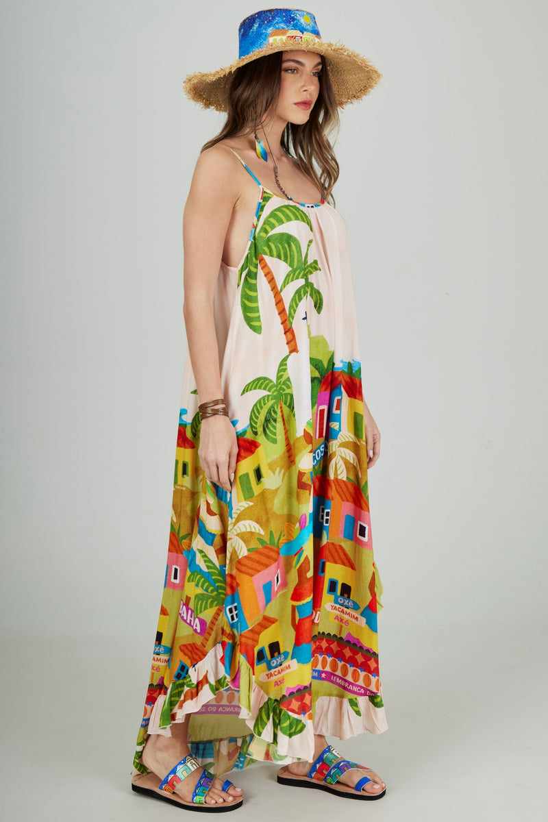 Vestido Midi Alças Reguláveis Bege Estampado Coleção Bahêa Yacamim R7