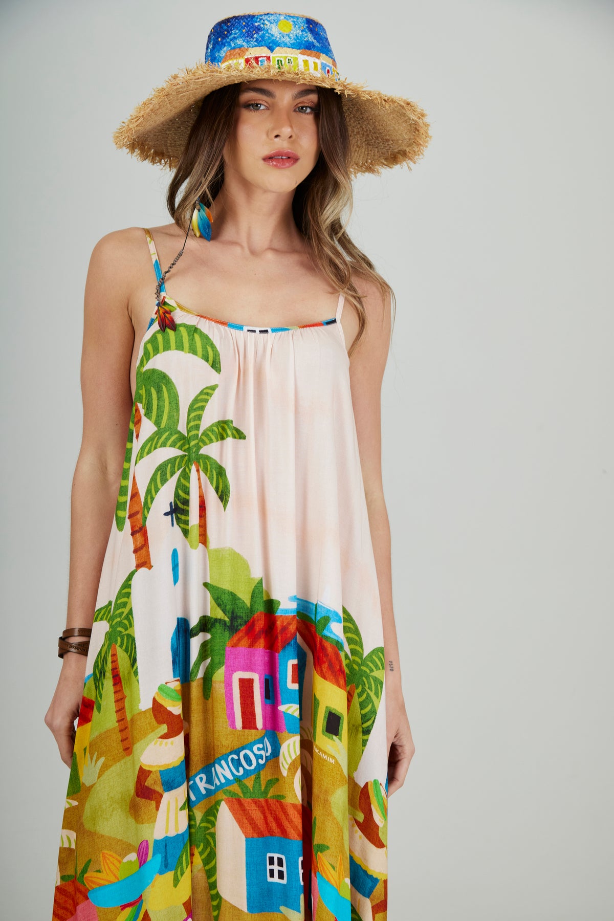 Vestido Midi Alças Reguláveis Bege Estampado Coleção Bahêa Yacamim R7
