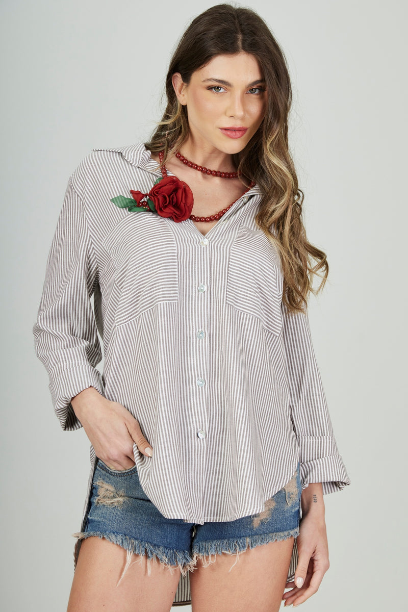 Chemise Amplo Marrom Listrado Yacamim L5