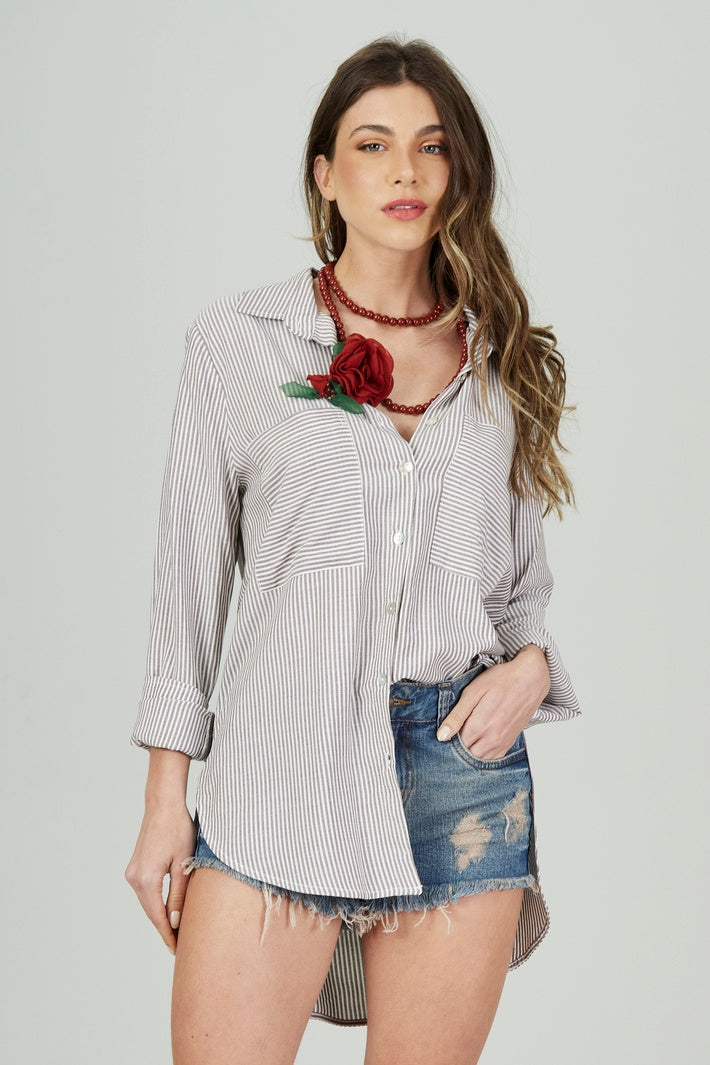 Chemise Amplo Marrom Listrado Yacamim L5