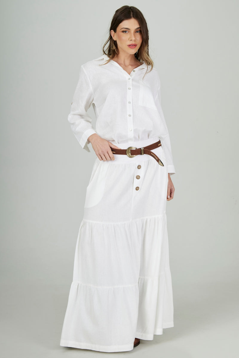 Saia Longa 3 Marias De Linho Com Cinto Trançado Branco Yacamim I1