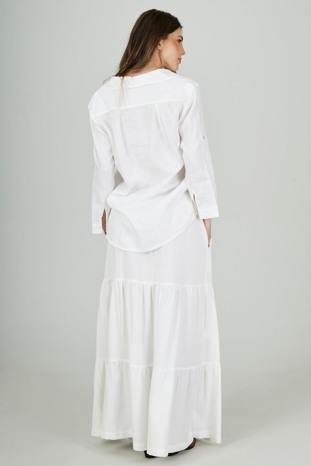 Saia Longa 3 Marias De Linho Com Cinto Trançado Branco Yacamim I1