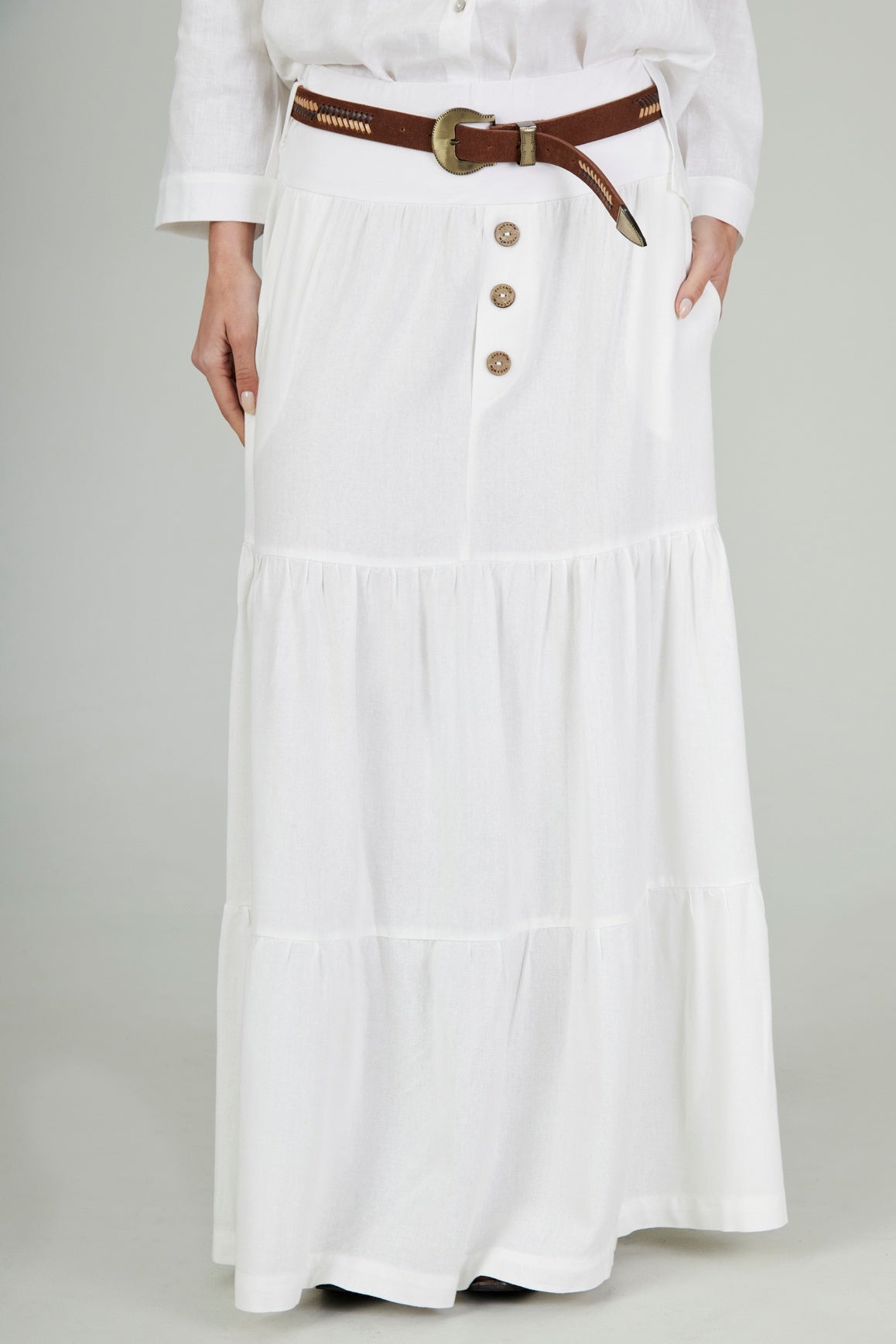 Saia Longa 3 Marias De Linho Com Cinto Trançado Branco Yacamim I1