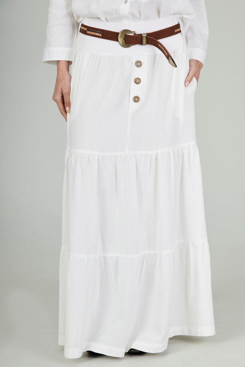 Saia Longa 3 Marias De Linho Com Cinto Trançado Branco Yacamim I1