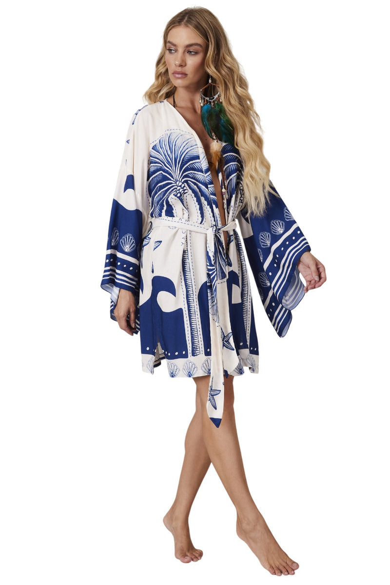 Kimono Curto Branco E Azul Coleção Pira Omomba''e Yacamim