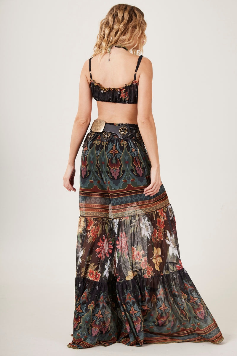 Calça Pantalona De Tule Preto Patchwork Yacamim A22