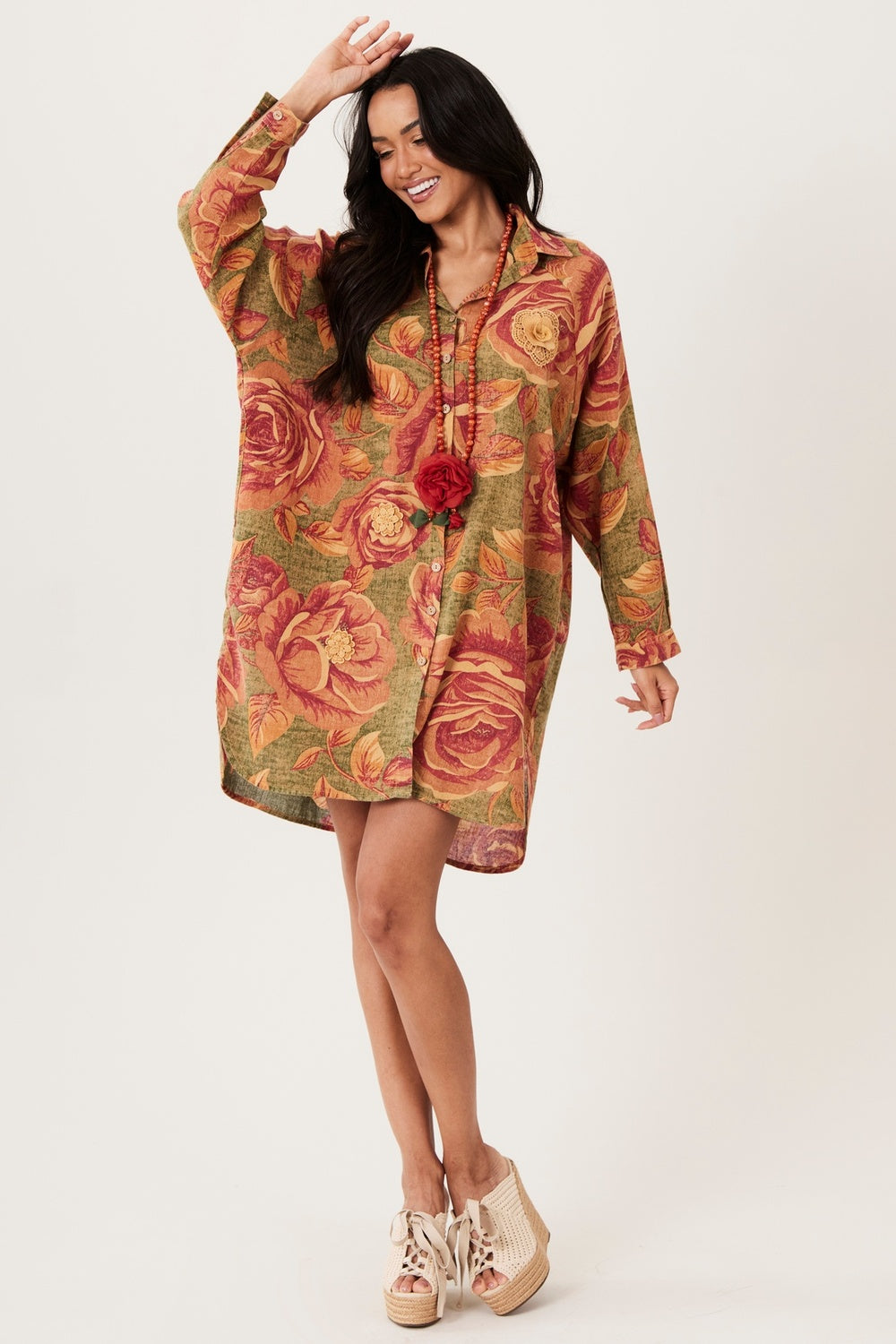 Chemise Ouro Preto 100% Algodão Verde Com Flores Laranjas Yacamim N8