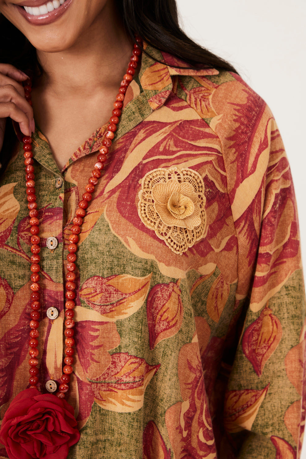 Chemise Ouro Preto 100% Algodão Verde Com Flores Laranjas Yacamim N8