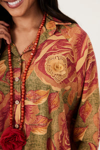 Chemise Ouro Preto 100% Algodão Verde Com Flores Laranjas Yacamim N8