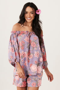 Bata Ciganinha Paraty 100% Algodão Lilás Floral Yacamim B10