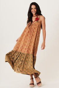 Vestido Midi Olinda 100% Algodão Marrom Patchwork Yacamim E20