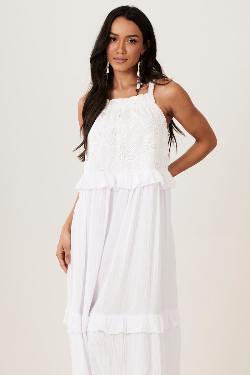 Vestido Longo Amplo De Alças Com Rendas E Babados Branco Yacamim C21