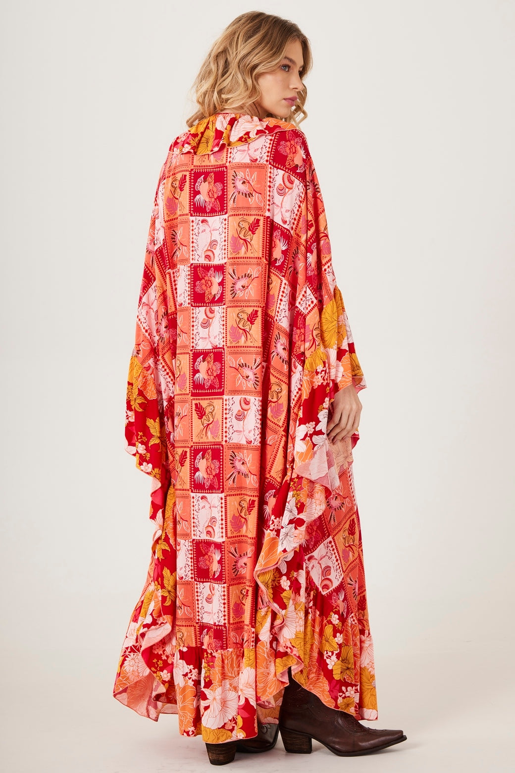 Kaftan Longo Laranja Estampa Geométrica Patchwork Yacamim J8