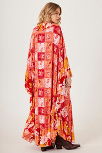 Kaftan Longo Laranja Estampa Geométrica Patchwork Yacamim J8