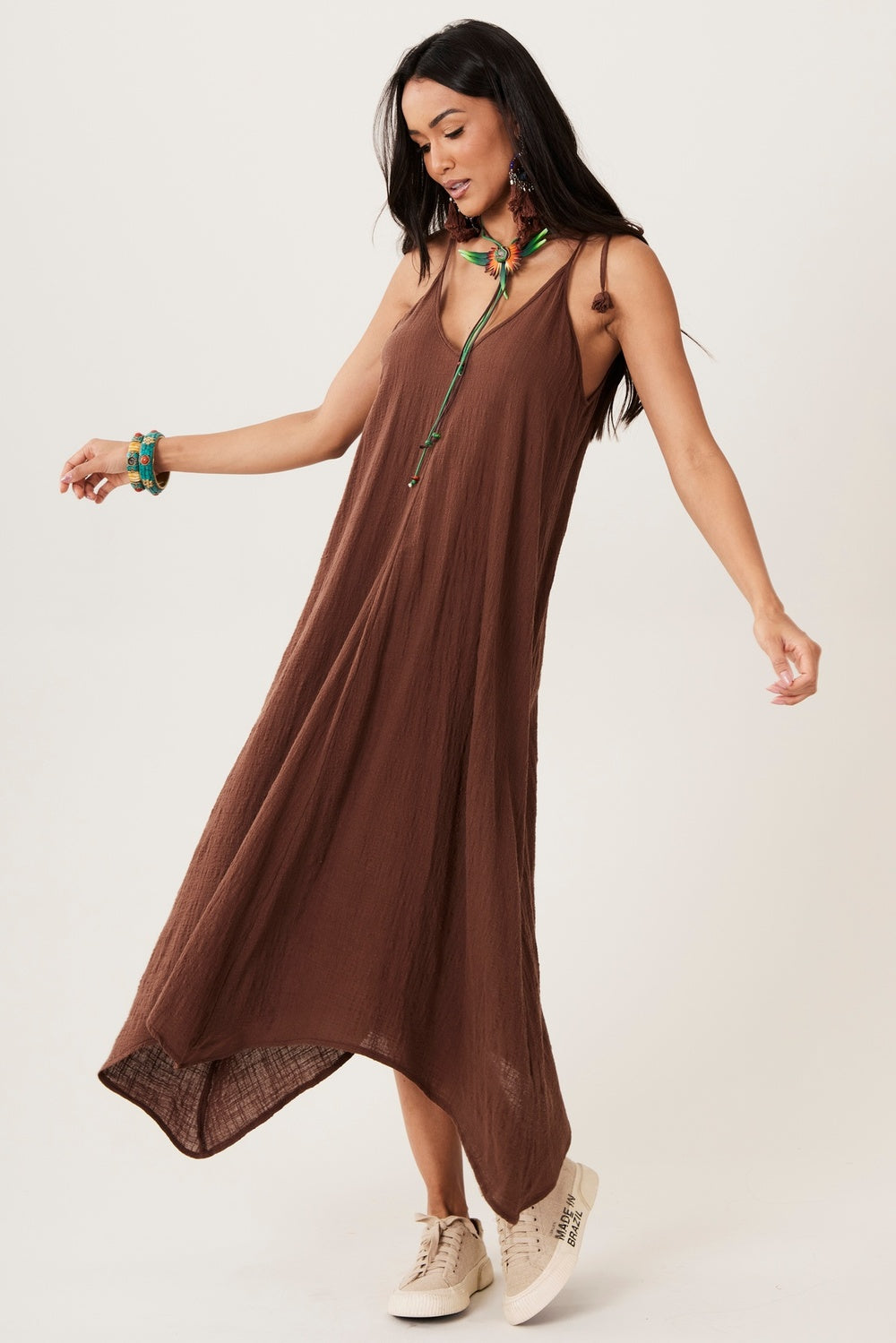 Vestido Longo Gaze Marrakesh 100% Algodão Marrom Yacamim C1