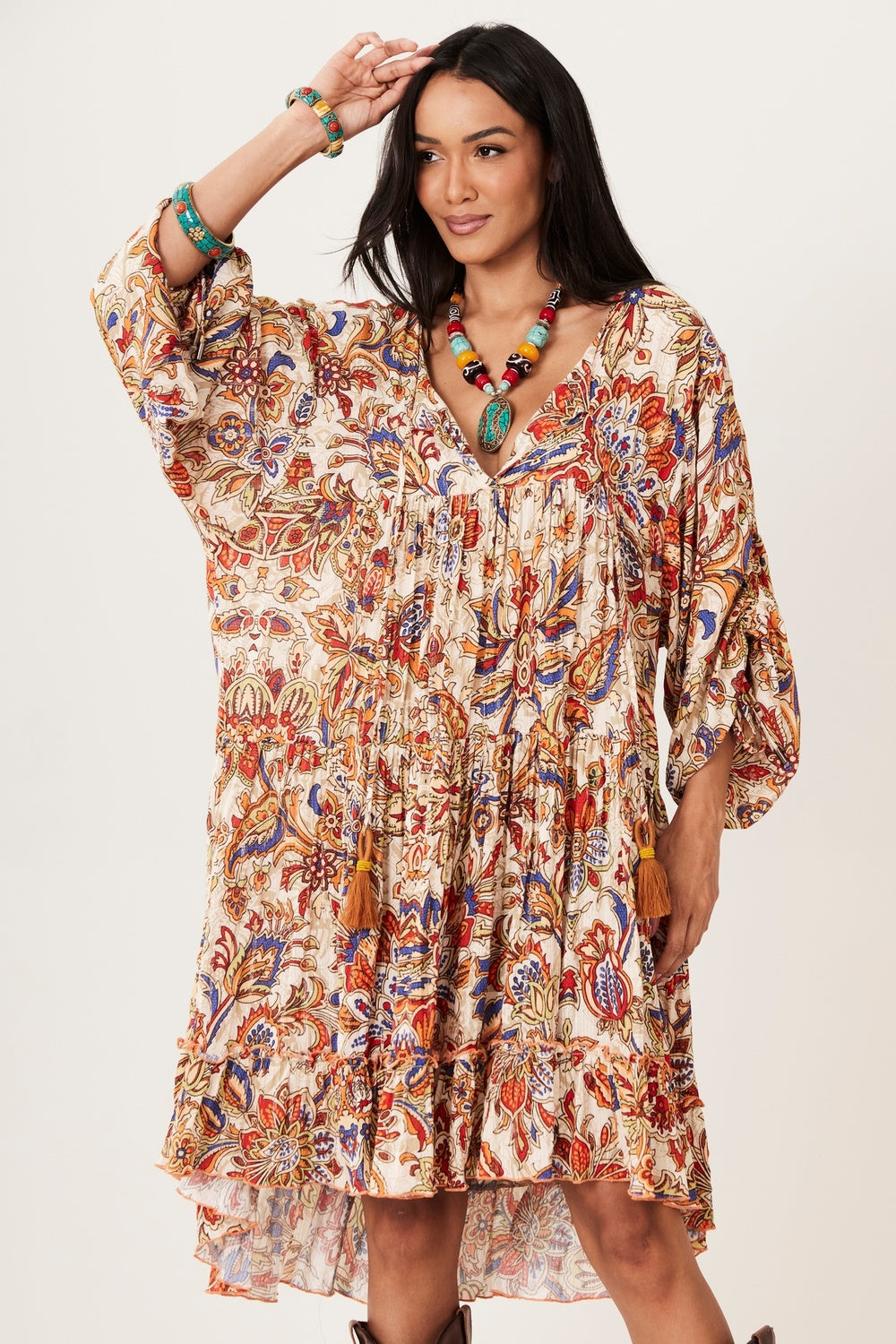 Vestido Curto Amplo Soltinha Bege Estampado Yacamim D1