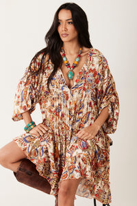 Vestido Curto Amplo Soltinha Bege Estampado Yacamim D1