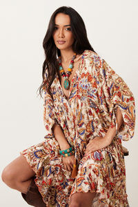 Vestido Curto Amplo Soltinha Bege Estampado Yacamim D1