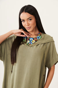 Vestido Midi De Viscolinho Com Capuz Verde Militar Yacamim E1