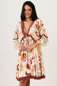 Vestido Curto Aberto Com Franjas Bege Cashmere Yacamim E5