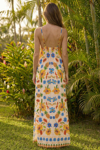 Vestido Longo De Alças Bege Estampa De Abacaxi Yacamim C12