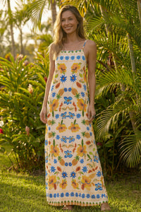 Vestido Longo De Alças Bege Estampa De Abacaxi Yacamim C12